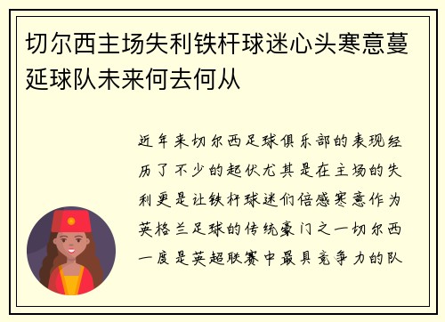 切尔西主场失利铁杆球迷心头寒意蔓延球队未来何去何从